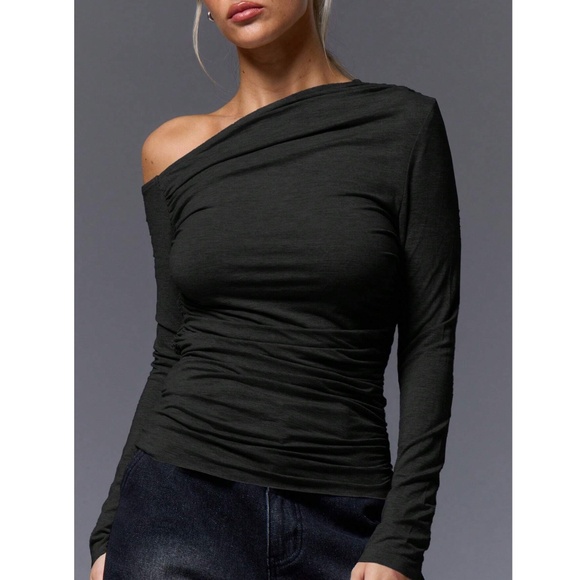 Black Ruched Asymmetric One Shoulder Long Sleeve Shirt Slim Fit Stretchy - Picture 2 of 8